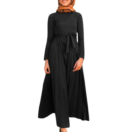Plain Color Black Flare Sleeve Modest Clothing Pleats Abaya Women Muslim Dress With Belt