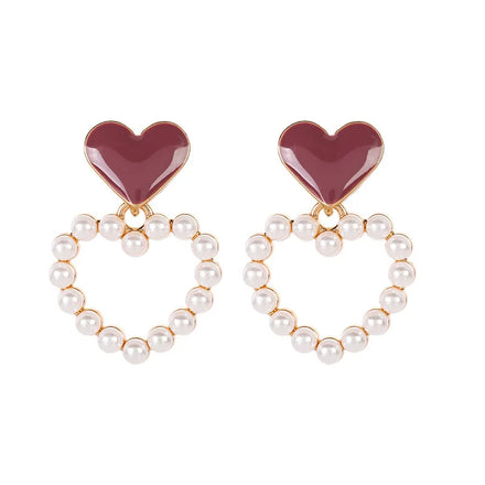 2024 Trendy Sweet Heart Earrings Geometric Hollow Pearl Earrings for Women
