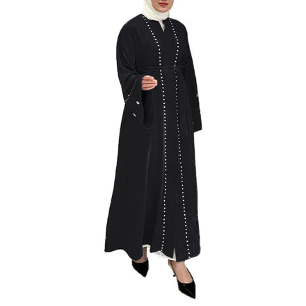 Plain Color Nail Pearls Long Style Cuff Decoration Flower Closed Abaya Women Muslim Dress for Dubai Eid