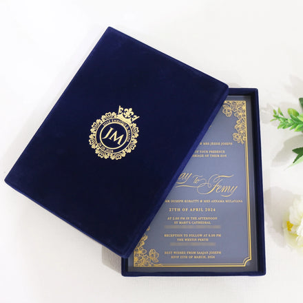 Luxury Gold Foil Transparent Acrylic Card Frosted Wedding Invite with Blue Box Gold Custom LOGO Wedding Invitation