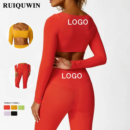 RUIQUWIN Factory Wholesale Custom Long Sleeve Yoga Top High Waist Yoga Pants Leggings Two Piece for Gym Wear Women Sets