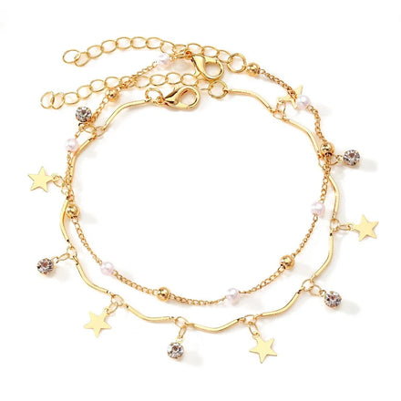 Classic Fashionable Simple Everything Pendant Anklet and Bangles Set Women's Five-Pointed Star Gold Plated Zinc Alloy Party