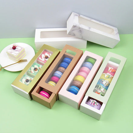 Custom Wholesale Recyclable Mini Macaron Dessert Cookie Favor Box Kraft Paper Drawer with Window for Food Packaging
