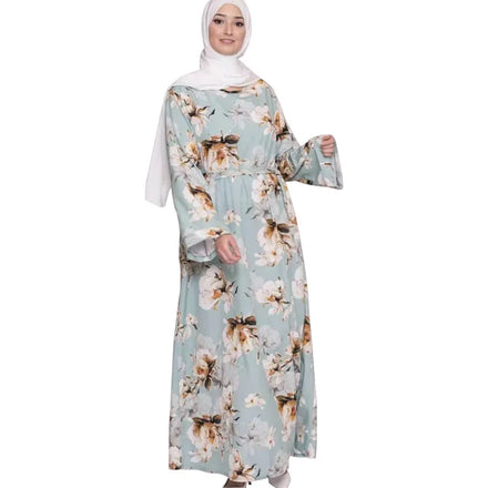 American Canada Mexico Traditional Dress Free Size O NECK Flower Printing Abaya Long Dress Muslim Islamic Clothing for Women