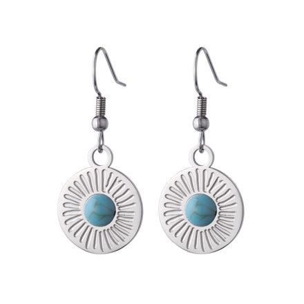 Turquoise Round Pendant Earrings for Women Girls Natural Stone Bohemian Stainless Steel Jewelry Birthday Gift Wholesale
