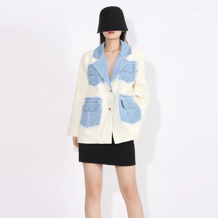 2024 Women's Streetwear Suit Jacket New Fashion Loose Design with Temperament Stitching and Denim Spring Summer Niche Style