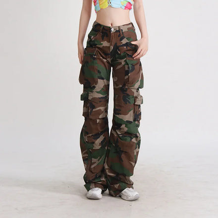 European American Street Trendy Hot Girl Style Women's Mid-Waist Casual Pants Multi-Pocket Decoration Heavy Industry Camouflage