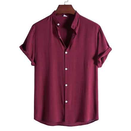 RNSHANGER Summer Men's Plain Shirt Fashion Stand Collar Short Sleeve Solid Color Casual Button-Down Shirts Dress Shirts for Men
