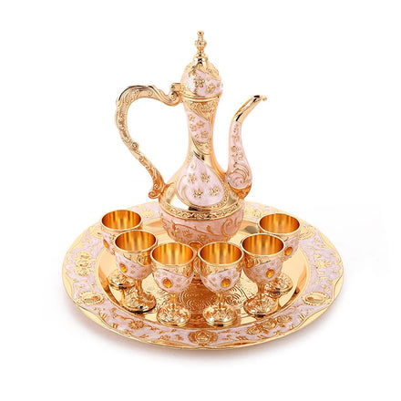 Vintage Luxury European Golden Wedding Gift Set Metal Coffee Pot Teapot & Tea Tray with 6 Cups for Serving Tea