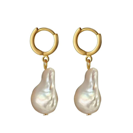 Fashion Jewelry 14K Gold Plated Hoop Ring Big Size Natural Baroque Real Pearl Drop Earrings