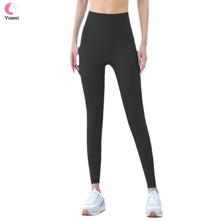 Women's High Waist Yoga Pants with Solid Pattern Tummy Control Workout Running Leggings Featuring Pockets