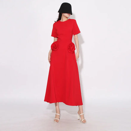 2024 Spring Summer Fashionable Solid Color Waist Slimming Long Dress New Style Neck Stylish Flower Splicing Design Natural