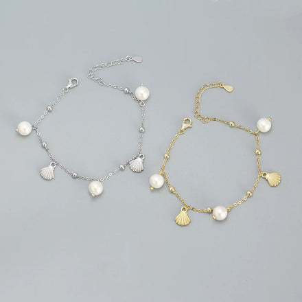 Fashion 925 Silver Plain Simple Shell Bracelet Jewelry 18K Gold Plated Sterling Silver Pearl Bracelet for Women