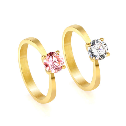 Women Wedding Rings Fashion Stainless Steel Ring Waterproof Gold Plated White Pink Round Brilliant Cut CZ Cubic Zirconia Rings