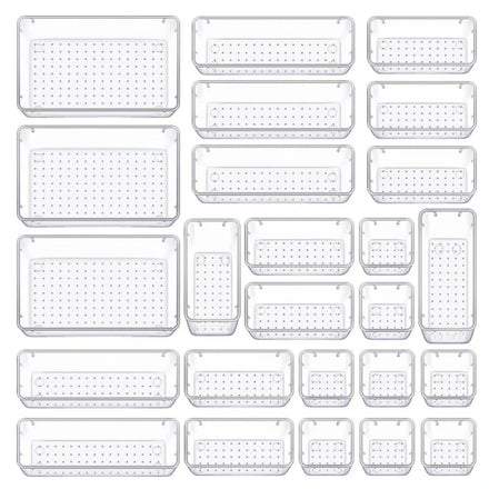 Multifunctional 25 Piece Clear Organizer Set - Portable Drawer Organizer for Jewelry Cosmetics and Office Supplies
