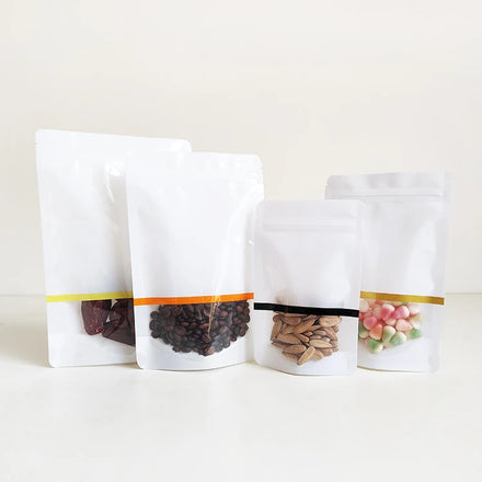 14x22cm New Product Plastic Stand up Resealable Zip Lock White Food Packaging Bag with Color Strip Window