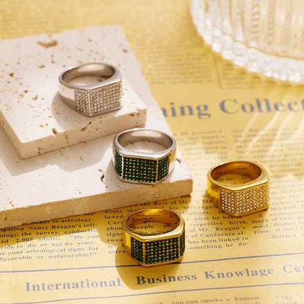 Wholesale Fashion Punk Stainless Steel Gold & Silver Color Rings Waterproof Green Zircon Rings for Man Women