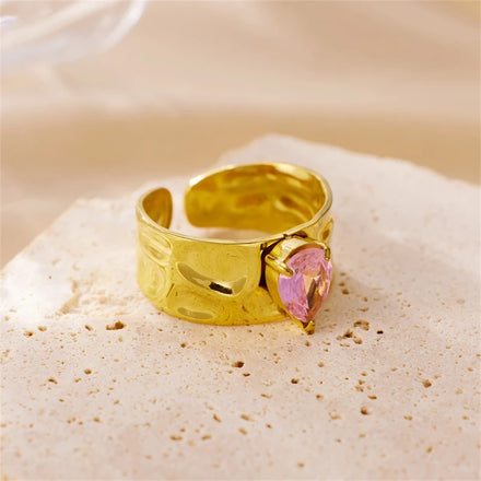Trendy Open Gold-Plated Stainless Steel Ring for Women Thick Pink Gemstone Accent