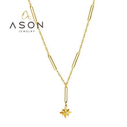 Ason Fashion Stainless Steel 18k Gold Plated Long Chain Women Charm Necklace Jewelry Hexagram Star Pendant Necklace with Zircon
