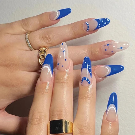 Blue Simple 24PCS Design Medium Length French Almond Nails Press On Full Cover False Nail Press on Nails with Painting Nail Art