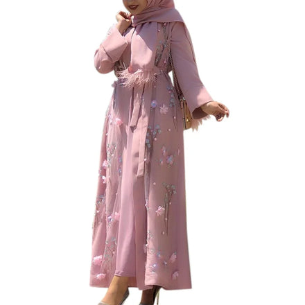 Embroidery Flower Decoration With Lace Plain Black pink Blue Color Islamic Eid Abaya Women Muslim Robe