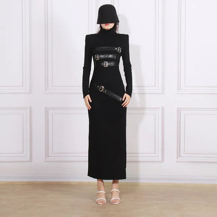 2024 Spring New Fashionable Women's Long-Sleeved Dress with Stand-Up Collar PU Splicing Slim Design Woven Long Skirt with Slit