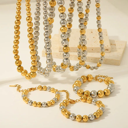 Hot Selling Simple Round Beaded Bracelet and Necklace Non Tarnish 18K Gold Plated Stainless Steel Jewelry Sets for Women Men