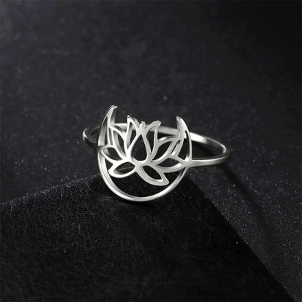 Lotus Crescent Ring Women Stainless Steel Yoga Flower Amulet Finger Rings Bohemian Jewelry Birthday Gift Wholesale New in