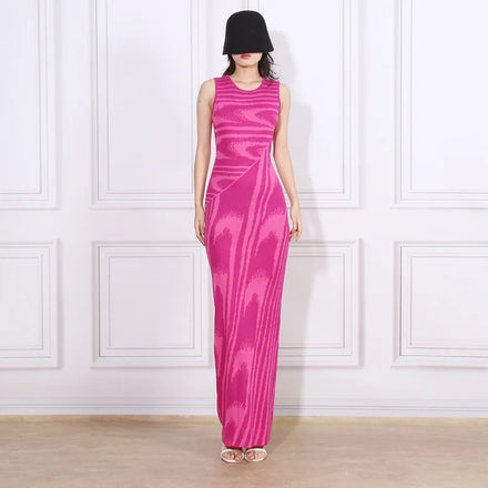 2024 New Summer Style Fashionable Round Neck Stretch Slim Abstract Jacquard Design Sleeveless Knitted Long Skirt for Women