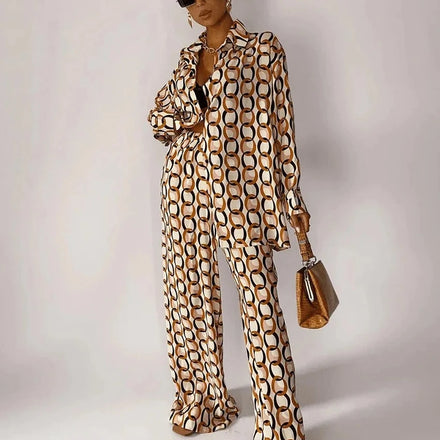 European and American New Fashion Women's Printed Loose Sleeved Shirt Straight Leg Pants Set