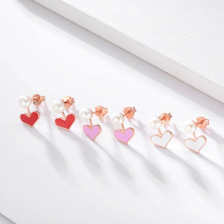 Romantic 925 Sterling Silver Heart Enamel Pearl Earrings Rose Gold Plated Cute Heart Studs Valentine's Day Jewelry Gift