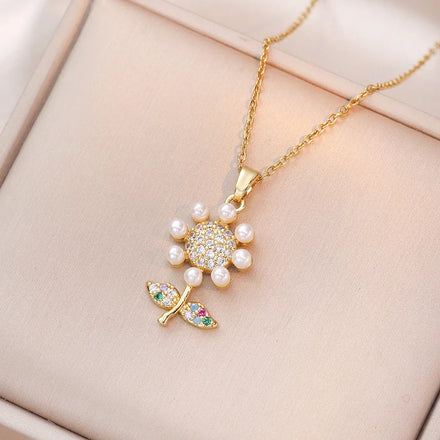 18K Gold Plated Sunflower Necklace Zirconia Stainless Steel Chain Colorful Pearl Flowers Necklace