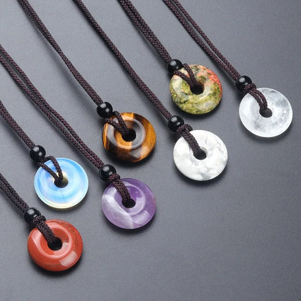Factory Ins Style Natural Gemstone Agate Birthstone Crystal Woven Rope Lucky Safety Buckle Donut Pendant Necklace for Men Women