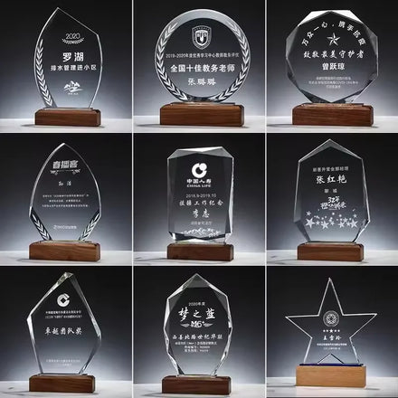 Factory Wholesale Cheap K9 Blank Wood Crystal Trophy Award Custom Logo Base Crystal Trophy