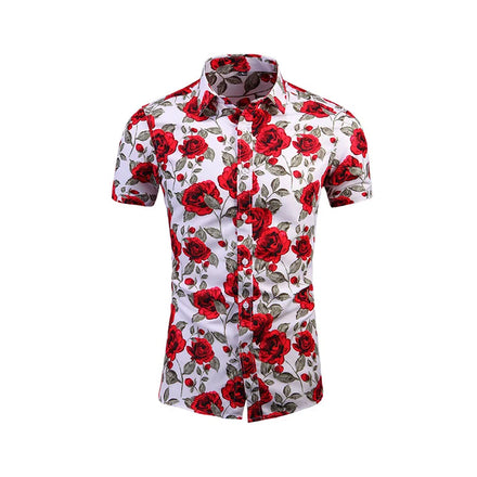 RNSHANGER Summer White Printed Short Sleeved Shirt for Men Hawaii Rose Flower Shirts Hawaiian Vacation Beach Male Shirts