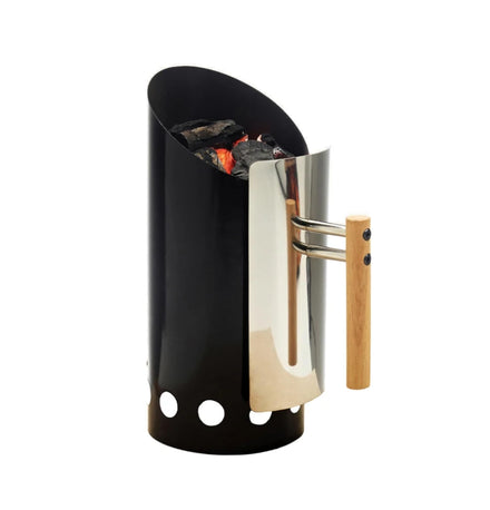 Modern Black Chimney Charcoal Starter Durable Iron Porcelain Enameled Folding Design High Pressure Safety Wood Handle Fast BBQ