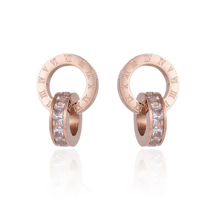 Romantic Rose Gold Stainless Steel Double Ring Earrings with Diamond Inlaid Roman Numerals New Creative Trendy Party Jewelry