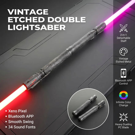 Vintage Etched Double Headed Lightsaber 2 in 1 Metal Staff RGB Color Change Smooth Swing Xeno Pixel Heavy Dueling Laser Sword