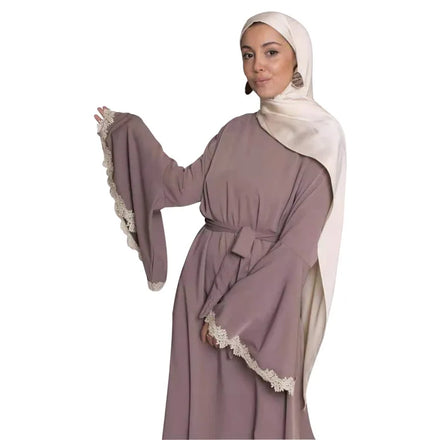 Plain Color Nida Fabric Big Sleeve Lace Cuff O Neck Belt Muslim Traditional Clothes Islamic Women Abaya Dress
