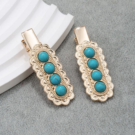 Wholesaler Vintage Turquoise Alloy Hair Duckbill Clip Gold Plated Blue Turquoise Hair Clips Metal Hair Accessory