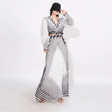 2025 Spring Summer Stylish Striped Lace-up Shirt High-waisted Knee-length Skirt Suit New Commuter Two-piece Set Polyester Fabric