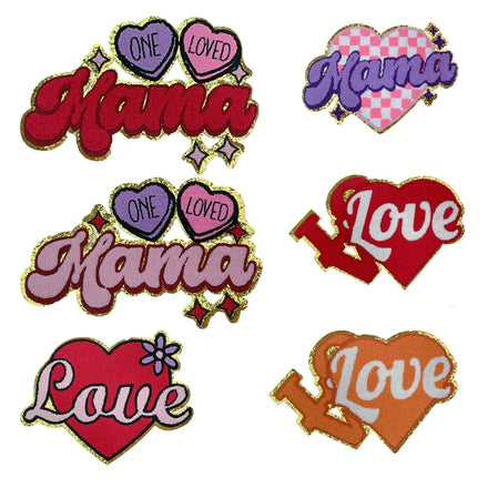 Big Size Iron on Colorful Glitter Edge Chenille Mama love Patch for Clothing Bag Decoration