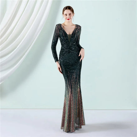 19037# Spring/summer New Fashion Sequin Toasts Gradual Beaded Long Sleeve Evening Dress