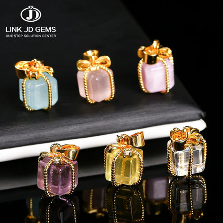 JD Gold Plated Natural Amethyst Rutilated Quartz Crystal Gift Box Copper Buckle Cute Style 10x15mm Anniversary Pendant Necklace