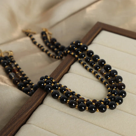 Bohemian Black Agate Natural Stone Beaded Necklace Stainless Steel Gold Plated OT Buckle Chokers Necklaces Colliers Femmes