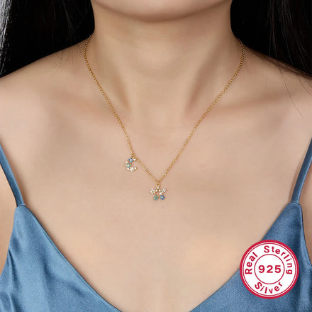 INS New Fashion 925 Sterling Silver Necklace for Women Gold Plated Star and Moon Colorful Turquoise Clavicular Chain Necklace
