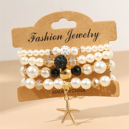 High Quality Boho Multiple Layered Chain Bracelet Women Elastic Pearl Star Charm Layer Bracelet for Girls