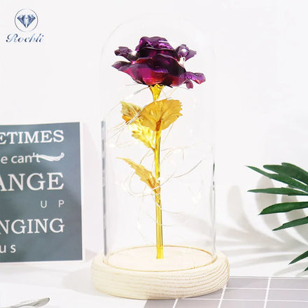 Wholesale Valentine's Mother's Day Gift Artificial Decorative Flower 24K Golden Foil Rose in Acrylic Dome With Wooden Base