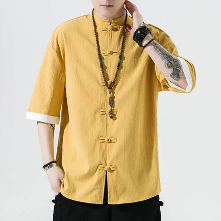 M-5XL Men's Cotton Linen Short Sleeves Shirt Male Chinese Style Mandarin Collar Slim T Shirt Summer Tops Mens Shirts
