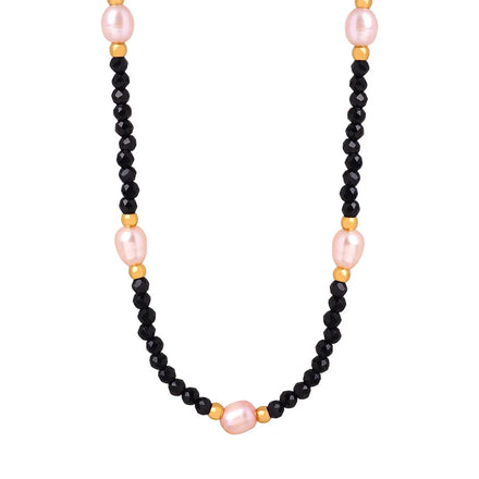 New Arrival Bohemian Freshwater Pearl 18k Gold Plated Beads Necklace Black Natural Stone Beaded Stainless Steel Choker Necklace